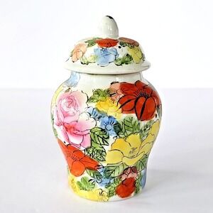 Vintage Chinese Ginger Jar Urn Hand Painted Roses Flowers Pink Yellow‎ Blue 1926